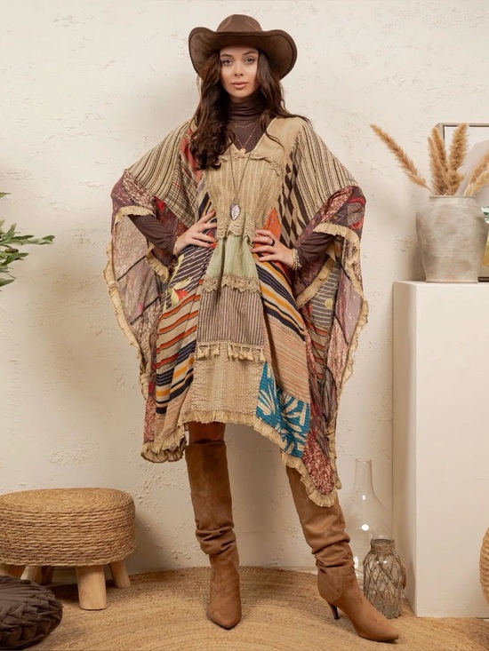 Young Threads Tops - Young Threads Bohemian Fringe Patchwork Poncho Shrug